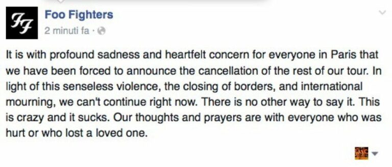 Foo Fighters, annullato il tour europeo dopo gli attentati di Parigi: info rimborsi